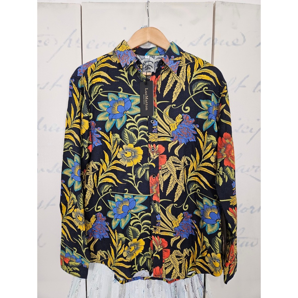 Luc Matton Floral Button Down Shirt Black Yellow Blue Long Sleeve Size S NEW